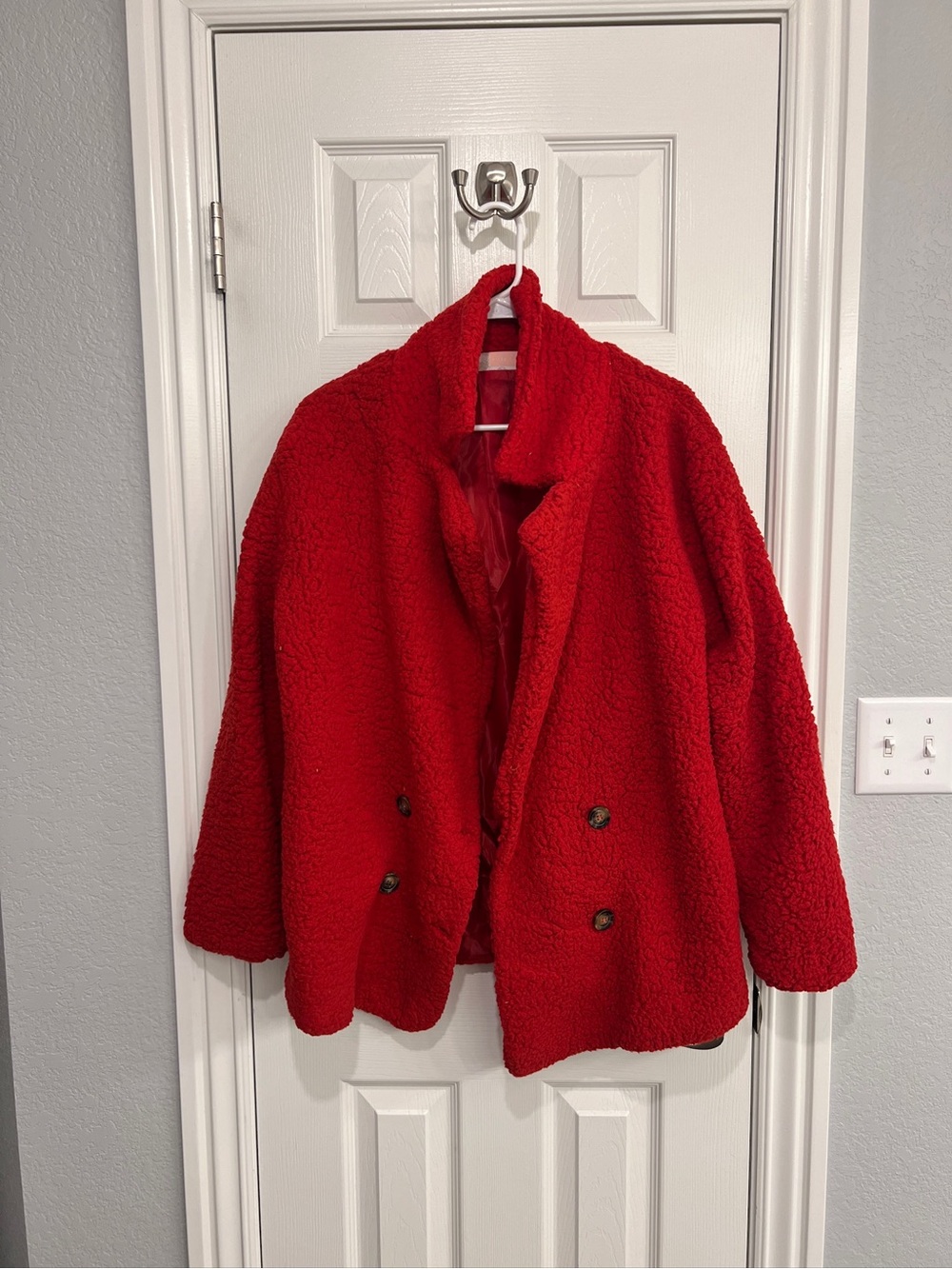 Cozy Red Teddy Coat - Plush Double-Breasted Jacket